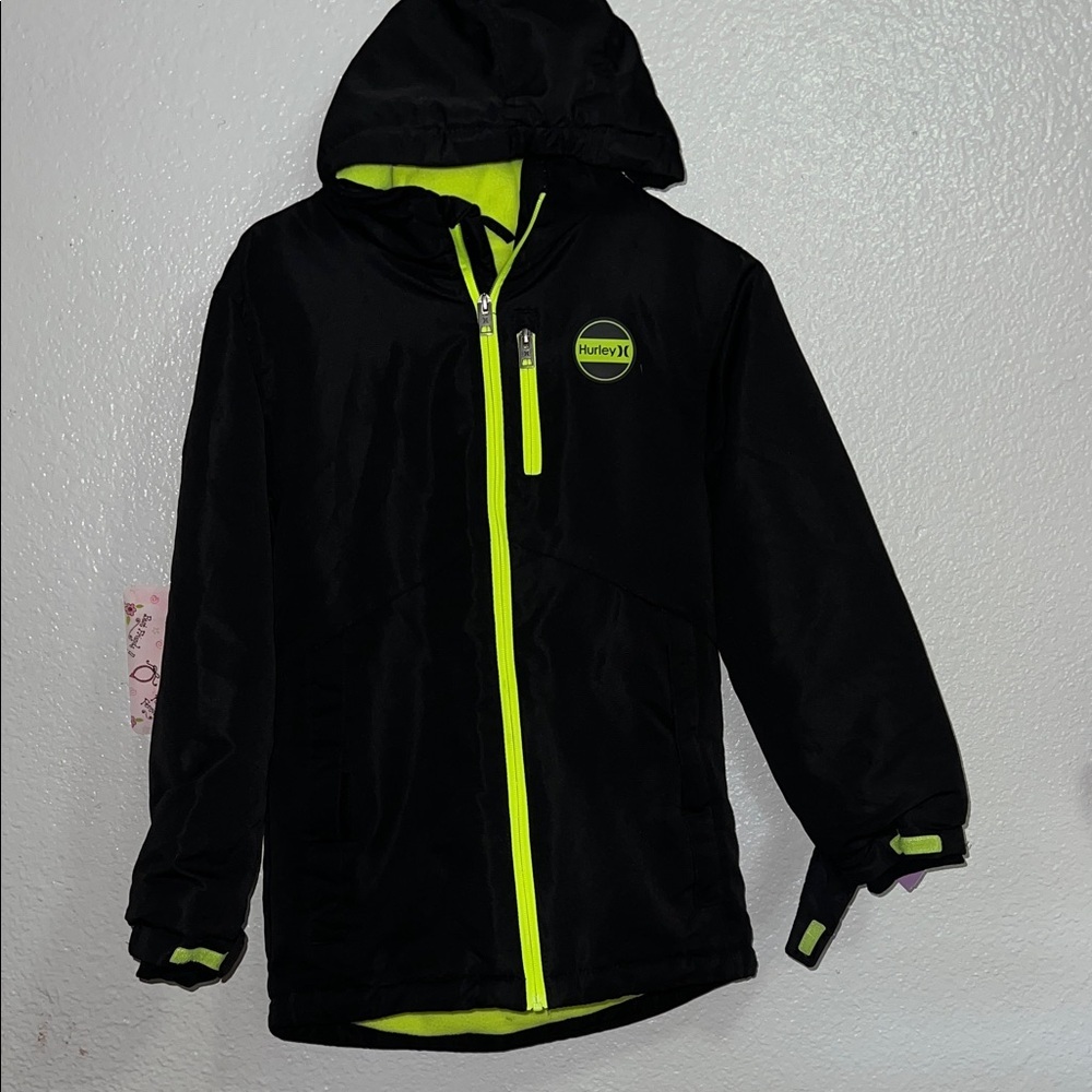 Hurley Boys' Hooded Snow Jacket, Black Medium 10/12